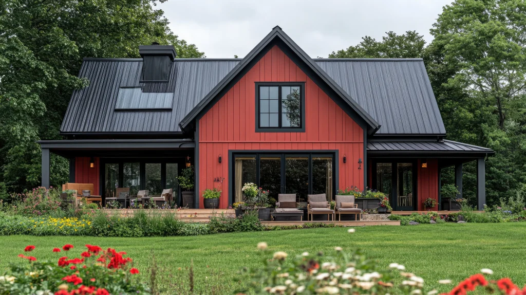 modern red barn style home with black metal roof and lush landscaping photo 2